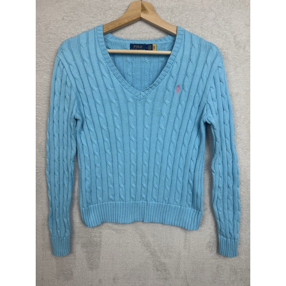 Polo Ralph Lauren Blue Cable Knit Sweater V-Neck Pink Pony Logo Classic Preppy M